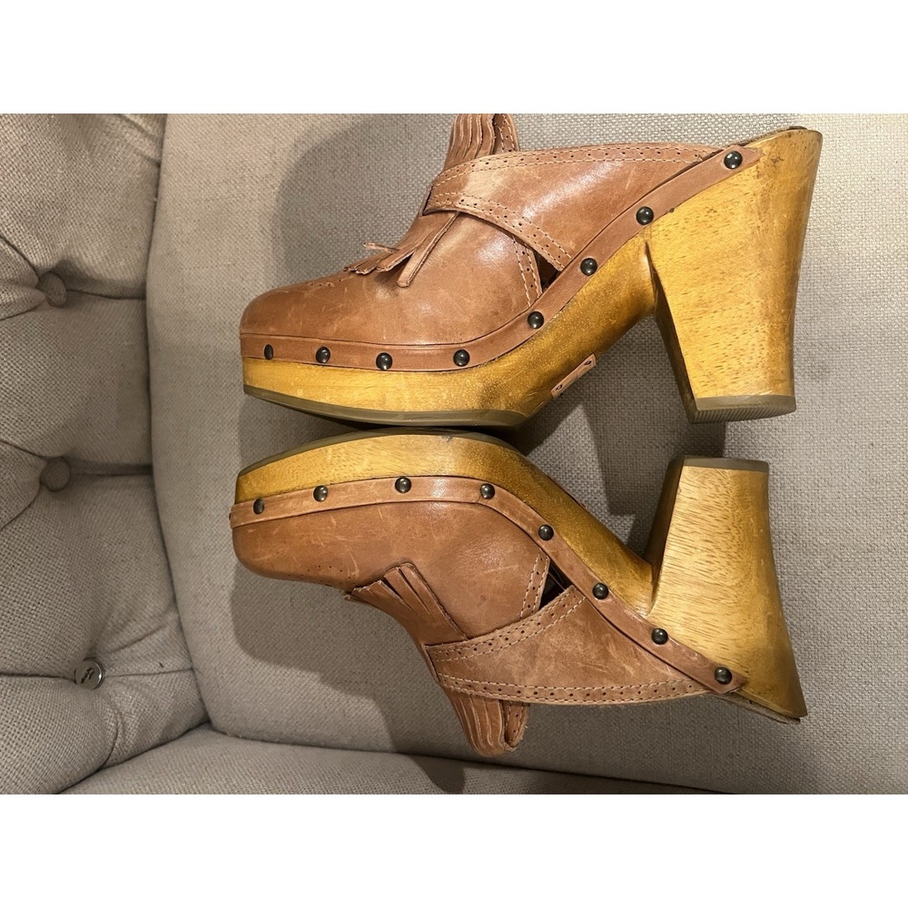 Frye Elle Kiltie Fringe Brown Leather Clogs Wood 10 Medium Thick Heel‎ BoHo - Picture 12 of 12